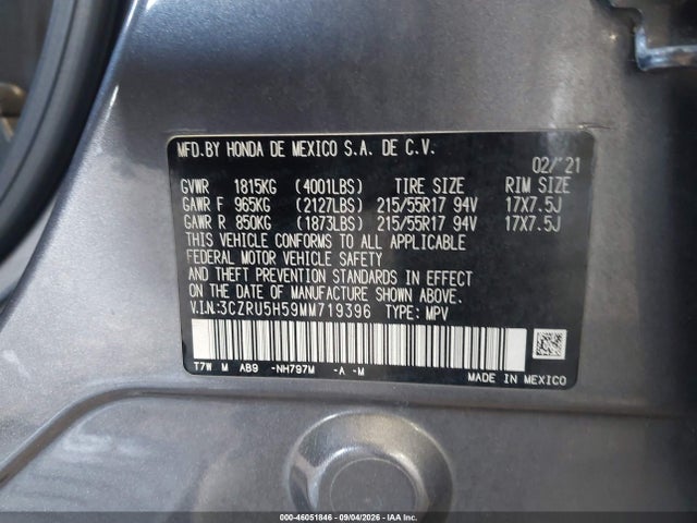 Продаж на аукціоні авто 2021 Honda Hr-v 2wd Ex, vin: 3CZRU5H59MM719396, номер лоту: 46051846