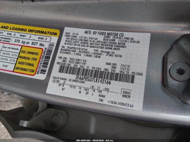 2020 Ford Fusion Plug-in Hybrid Titanium მანქანა იყიდება აუქციონზე, vin: 3FA6P0SU7LR142166, აუქციონის ნომერი: 46051852