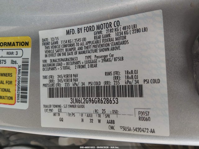 Продаж на аукціоні авто 2016 Lincoln Mkz, vin: 3LN6L2G96GR628653, номер лоту: 46051853