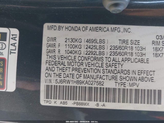Aukcja sprzedaży 2019 Honda Cr-v Ex-l, vin: 5J6RW1H89KA027582, numer aukcji: 46051862