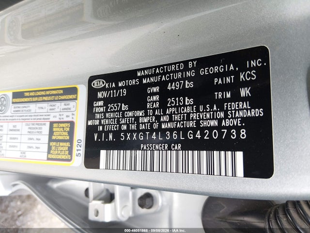Aukcja sprzedaży 2020 Kia Optima Lx, vin: 5XXGT4L36LG420738, numer aukcji: 46051868