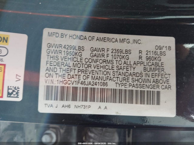 46051886 :رقم المزاد ، 1HGCV1F46JA241086 vin ، 2018 Honda Accord Ex مزاد بيع