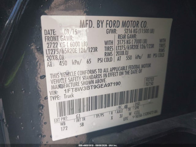 46051919 :رقم المزاد ، 1FT8W3BT9GEA97190 vin ، 2016 Ford F-350 Lariat مزاد بيع
