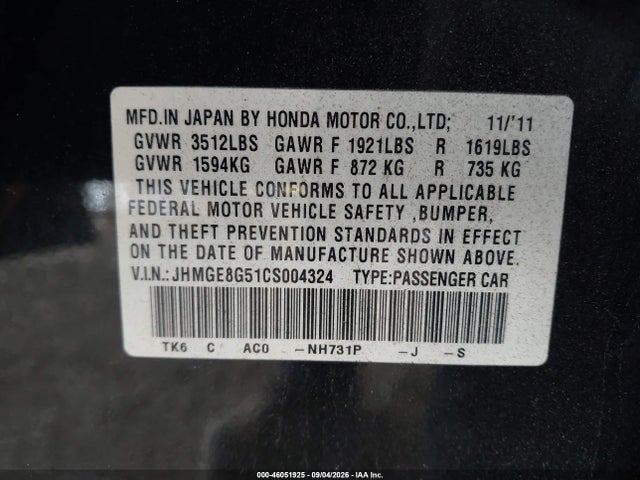 Auction sale of the 2012 Honda Fit Sport, vin: JHMGE8G51CS004324, lot number: 46051925