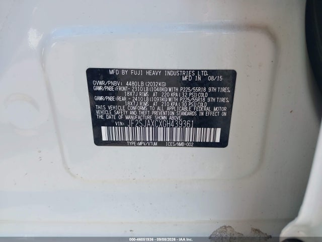 2016 Subaru Forester 2.5i Touring მანქანა იყიდება აუქციონზე, vin: JF2SJAXCXGH439361, აუქციონის ნომერი: 46051936