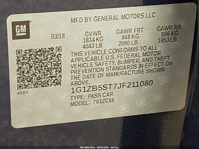 Продажа на аукционе авто 2018 Chevrolet Malibu 1ls, vin: 1G1ZB5ST7JF211080, номер лота: 46051944