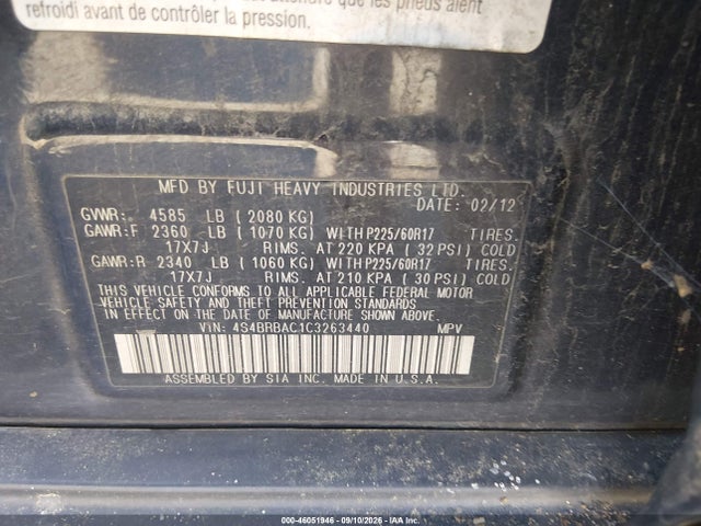 Продажа на аукционе авто 2012 Subaru Outback 2.5i, vin: 4S4BRBAC1C3263440, номер лота: 46051946