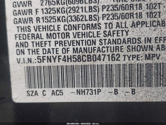 46051954 :رقم المزاد ، 5FNYF4H58CB047162 vin ، 2012 Honda Pilot Ex-l مزاد بيع