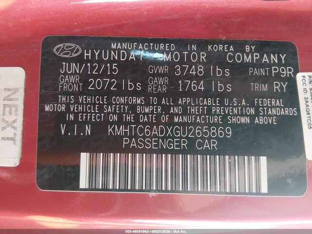 2016 Hyundai Veloster მანქანა იყიდება აუქციონზე, vin: KMHTC6ADXGU265869, აუქციონის ნომერი: 46051963