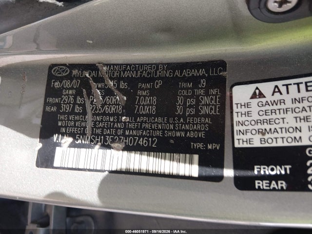 Продаж на аукціоні авто 2007 Hyundai Santa Fe Limited/se, vin: 5NMSH13E27H074612, номер лоту: 46051971