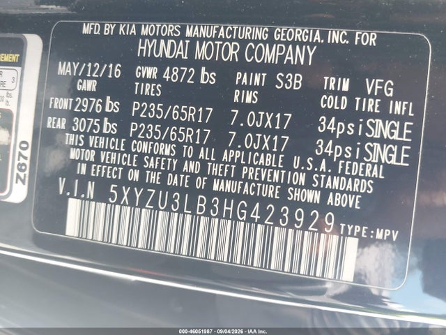 Продаж на аукціоні авто 2017 Hyundai Santa Fe Sport 2.4l, vin: 5XYZU3LB3HG423929, номер лоту: 46051987