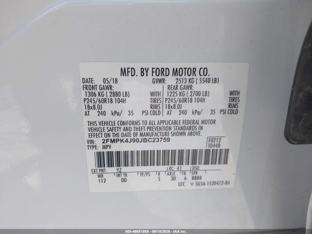 Aukcja sprzedaży 2018 Ford Edge Sel, vin: 2FMPK4J90JBC23759, numer aukcji: 46051989