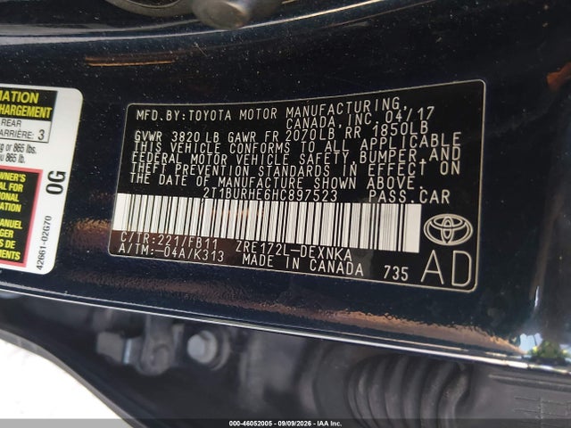 46052005 :رقم المزاد ، 2T1BURHE6HC897523 vin ، 2017 Toyota Corolla Le مزاد بيع