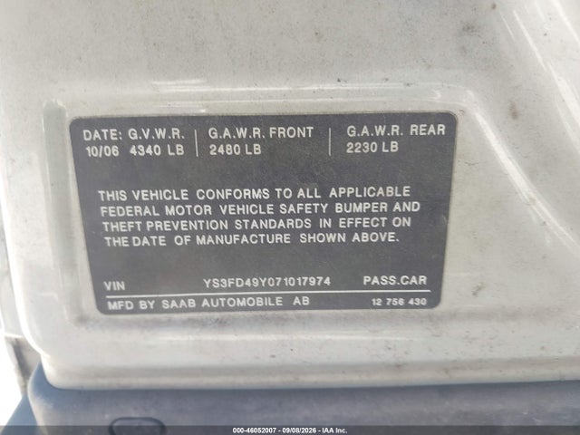 Продаж на аукціоні авто 2007 Saab 9-3 2.0t, vin: YS3FD49Y071017974, номер лоту: 46052007