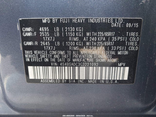 Продаж на аукціоні авто 2016 Subaru Outback 2.5i Premium, vin: 4S4BSADC3G3221092, номер лоту: 46052009