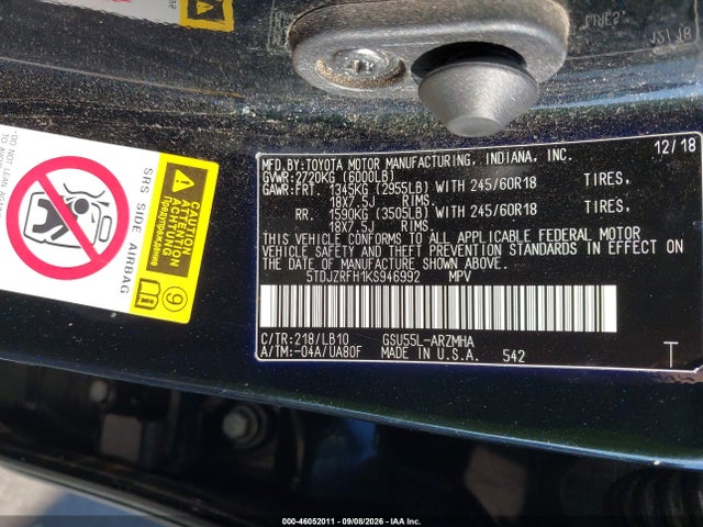 Aukcja sprzedaży 2019 Toyota Highlander Xle, vin: 5TDJZRFH1KS946992, numer aukcji: 46052011