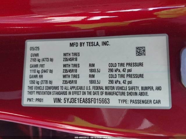 2025 Tesla Model 3 Long Range Rear-wheel Drive/standard Rear-wheel Drive მანქანა იყიდება აუქციონზე, vin: 5YJ3E1EA8SF015663, აუქციონის ნომერი: 46052012