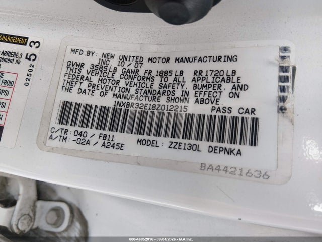 Aukcja sprzedaży 2008 Toyota Corolla Le, vin: 1NXBR32E18Z012215, numer aukcji: 46052016
