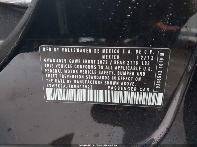 Aukcja sprzedaży 2013 Volkswagen Jetta 2.0l S, vin: 3VW2K7AJ7DM412922, numer aukcji: 46052019