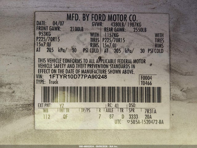 Продаж на аукціоні авто 2007 Ford Ranger Stx/xl/xlt, vin: 1FTYR10D77PA90248, номер лоту: 46052024