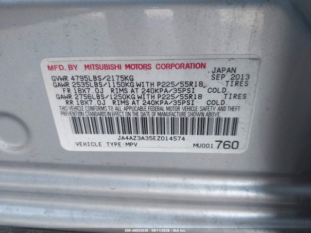 2014 Mitsubishi Outlander Se მანქანა იყიდება აუქციონზე, vin: JA4AZ3A35EZ014574, აუქციონის ნომერი: 46052036