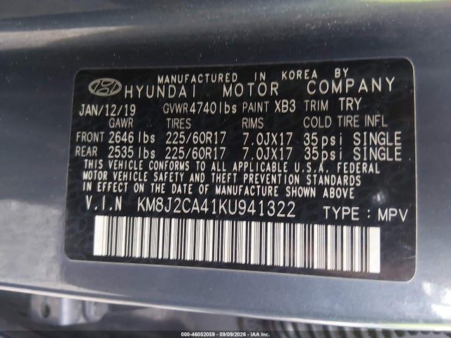 2019 Hyundai Tucson Se მანქანა იყიდება აუქციონზე, vin: KM8J2CA41KU941322, აუქციონის ნომერი: 46052059