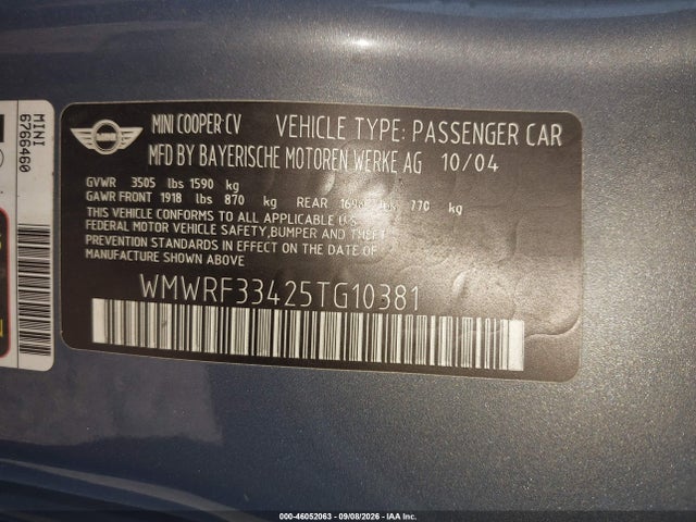 46052063 :رقم المزاد ، WMWRF33425TG10381 vin ، 2005 Mini Cooper مزاد بيع