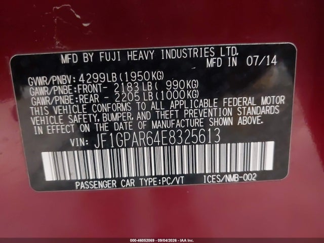 46052069 :رقم المزاد ، JF1GPAR64E8325613 vin ، 2014 Subaru Impreza 2.0i Sport Limited مزاد بيع
