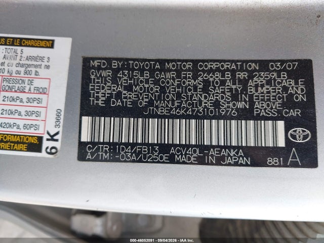 46052091 :رقم المزاد ، JTNBE46K473101976 vin ، 2007 Toyota Camry Le مزاد بيع