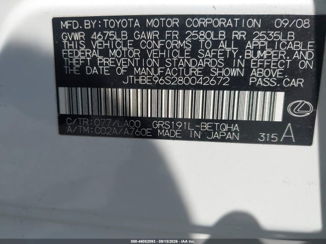 46052093 :رقم المزاد ، JTHBE96S280042672 vin ، 2008 Lexus Gs 350 مزاد بيع