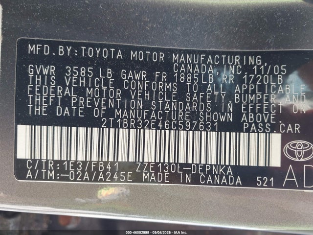 Aukcja sprzedaży 2006 Toyota Corolla Le, vin: 2T1BR32E46C597631, numer aukcji: 46052098