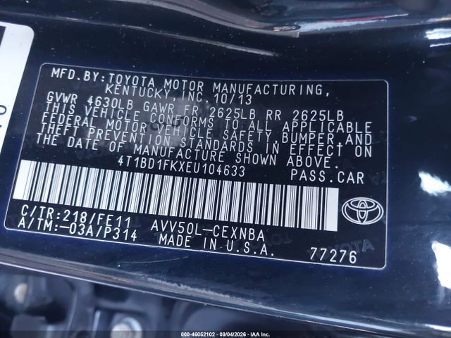 2014 Toyota Camry Hybrid Le მანქანა იყიდება აუქციონზე, vin: 4T1BD1FKXEU104633, აუქციონის ნომერი: 46052102
