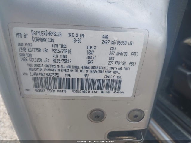 2003 Jeep Liberty Sport მანქანა იყიდება აუქციონზე, vin: 1J4GK48K13W676751, აუქციონის ნომერი: 46052120