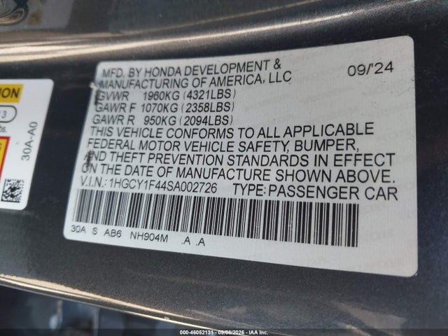 46052131 :رقم المزاد ، 1HGCY1F44SA002726 vin ، 2025 Honda Accord Se مزاد بيع