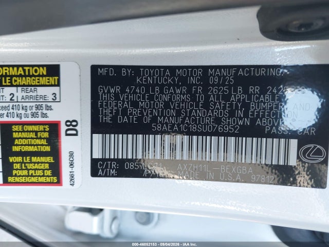 Aukcja sprzedaży 2025 Lexus Es 300h Luxury, vin: 58AEA1C18SU076952, numer aukcji: 46052153