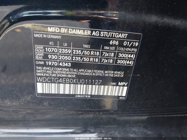 2019 Mercedes-benz Gla 250 მანქანა იყიდება აუქციონზე, vin: WDCTG4EB0KU011127, აუქციონის ნომერი: 46052158