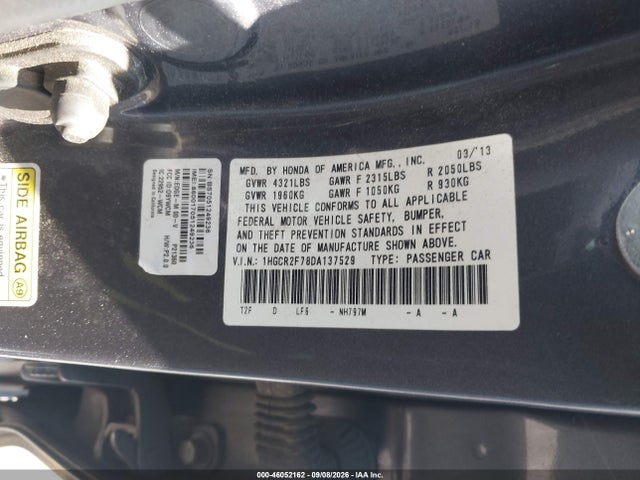 Продаж на аукціоні авто 2013 Honda Accord Ex, vin: 1HGCR2F78DA137529, номер лоту: 46052162