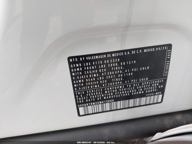 2025 Volkswagen Tiguan 2.0t Se R-line Black მანქანა იყიდება აუქციონზე, vin: 3VVGR7RM2SM013000, აუქციონის ნომერი: 46052167