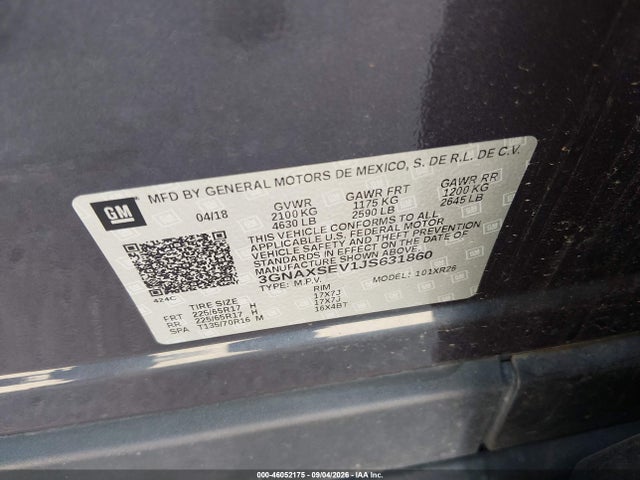 46052175 :رقم المزاد ، 3GNAXSEV1JS631860 vin ، 2018 Chevrolet Equinox Lt مزاد بيع