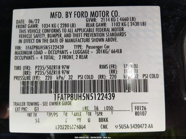 Aukcja sprzedaży 2022 Ford Mustang Ecoboost Premium, vin: 1FATP8UH5N5122439, numer aukcji: 46052180