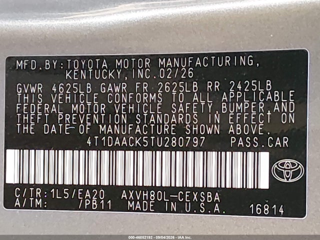 Продаж на аукціоні авто 2026 Toyota Camry Se, vin: 4T1DAACK5TU280797, номер лоту: 46052192