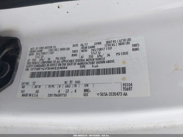 Aukcja sprzedaży 2017 Ford F-150 Xl, vin: 1FTMF1CF5HKE23694, numer aukcji: 46052219