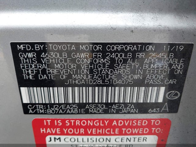 46052225 :رقم المزاد ، JTHGA1D28L5104075 vin ، 2020 Lexus Is 300 مزاد بيع