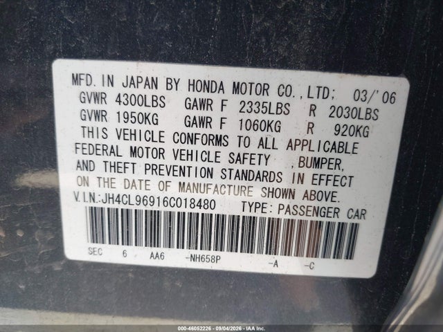 Aukcja sprzedaży 2006 Acura Tsx, vin: JH4CL96916C018480, numer aukcji: 46052226