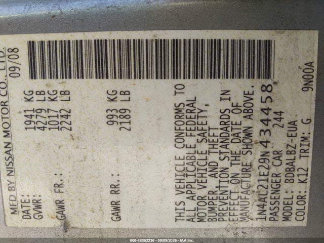 46052236 :رقم المزاد ، 1N4AL21E29N434458 vin ، 2009 Nissan Altima 2.5 S مزاد بيع