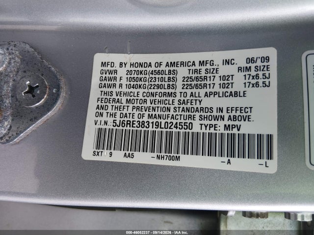 46052237 :رقم المزاد ، 5J6RE38319L024550 vin ، 2009 Honda Cr-v Lx مزاد بيع