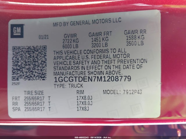 Продаж на аукціоні авто 2021 Chevrolet Colorado 4wd  Short Box Z71, vin: 1GCGTDEN7M1208779, номер лоту: 46052243