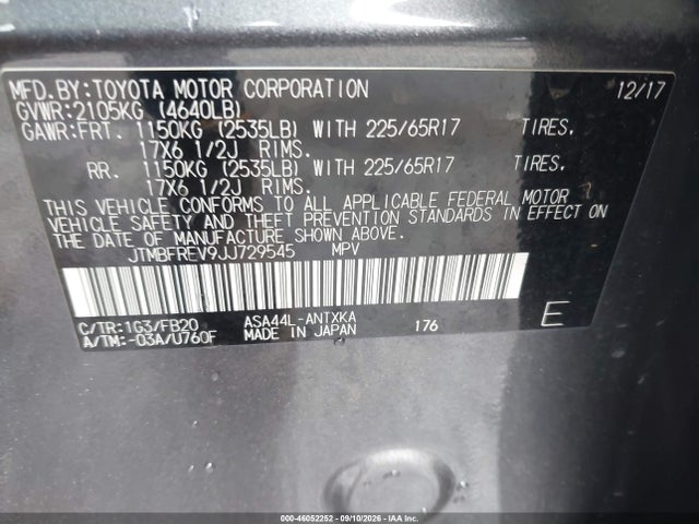 Aukcja sprzedaży 2018 Toyota Rav4 Le, vin: JTMBFREV9JJ729545, numer aukcji: 46052252
