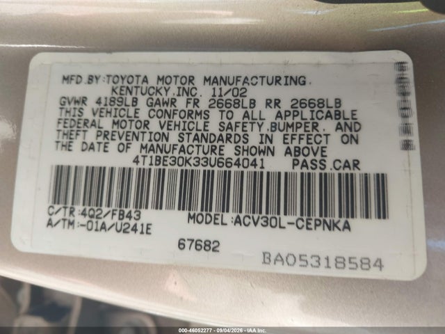 Продажа на аукционе авто 2003 Toyota Camry Le, vin: 4T1BE30K33U664041, номер лота: 46052277