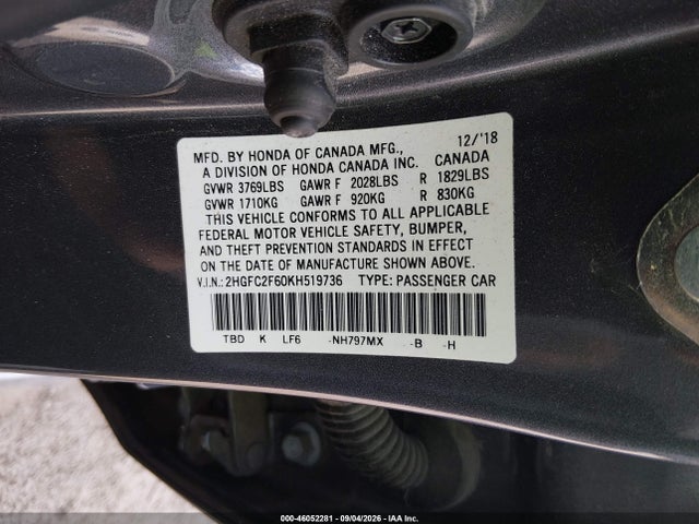 46052281 :رقم المزاد ، 2HGFC2F60KH519736 vin ، 2019 Honda Civic Lx مزاد بيع